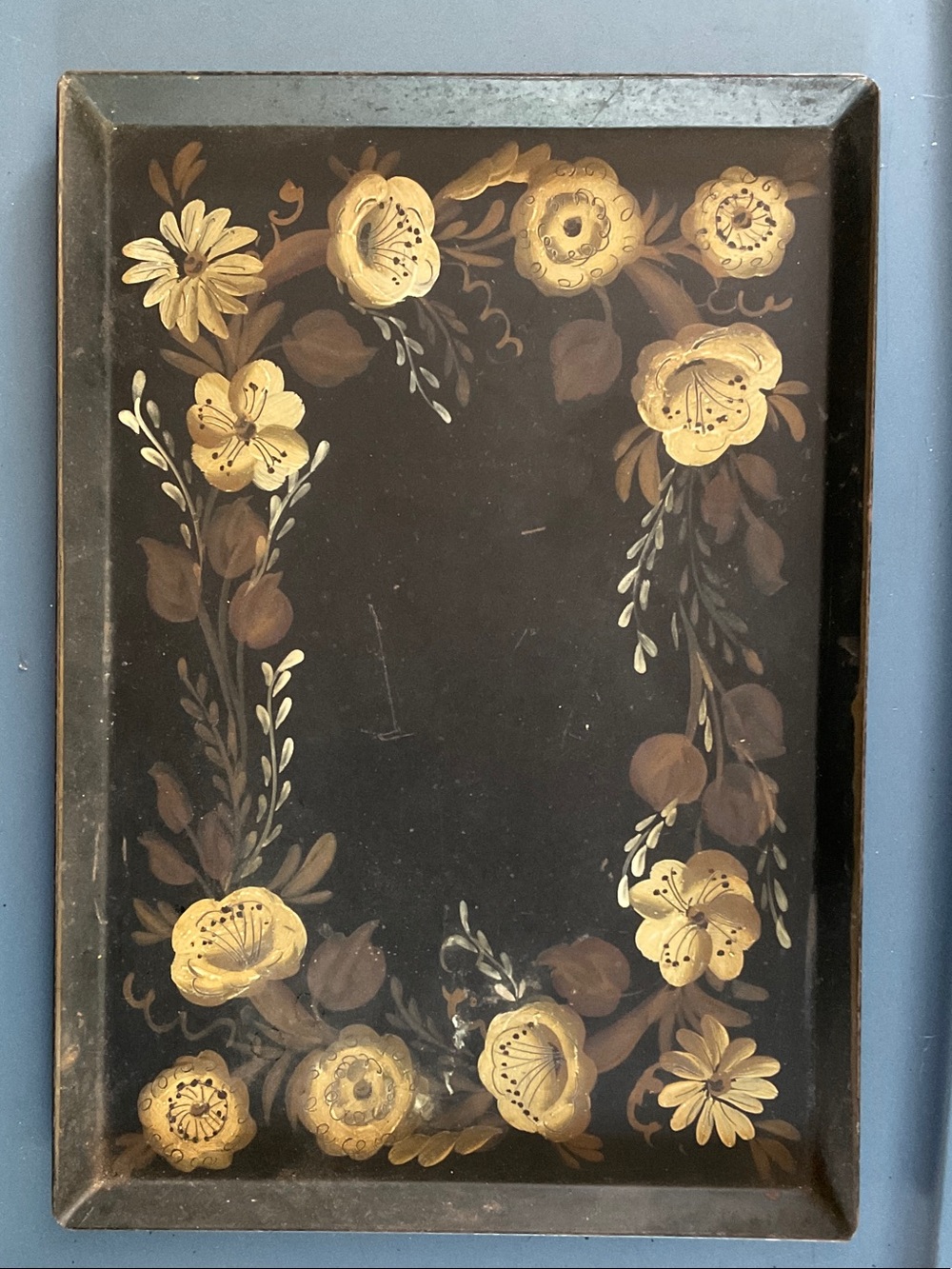 Hand-Painted Floral Tole Tray in Black and Gold